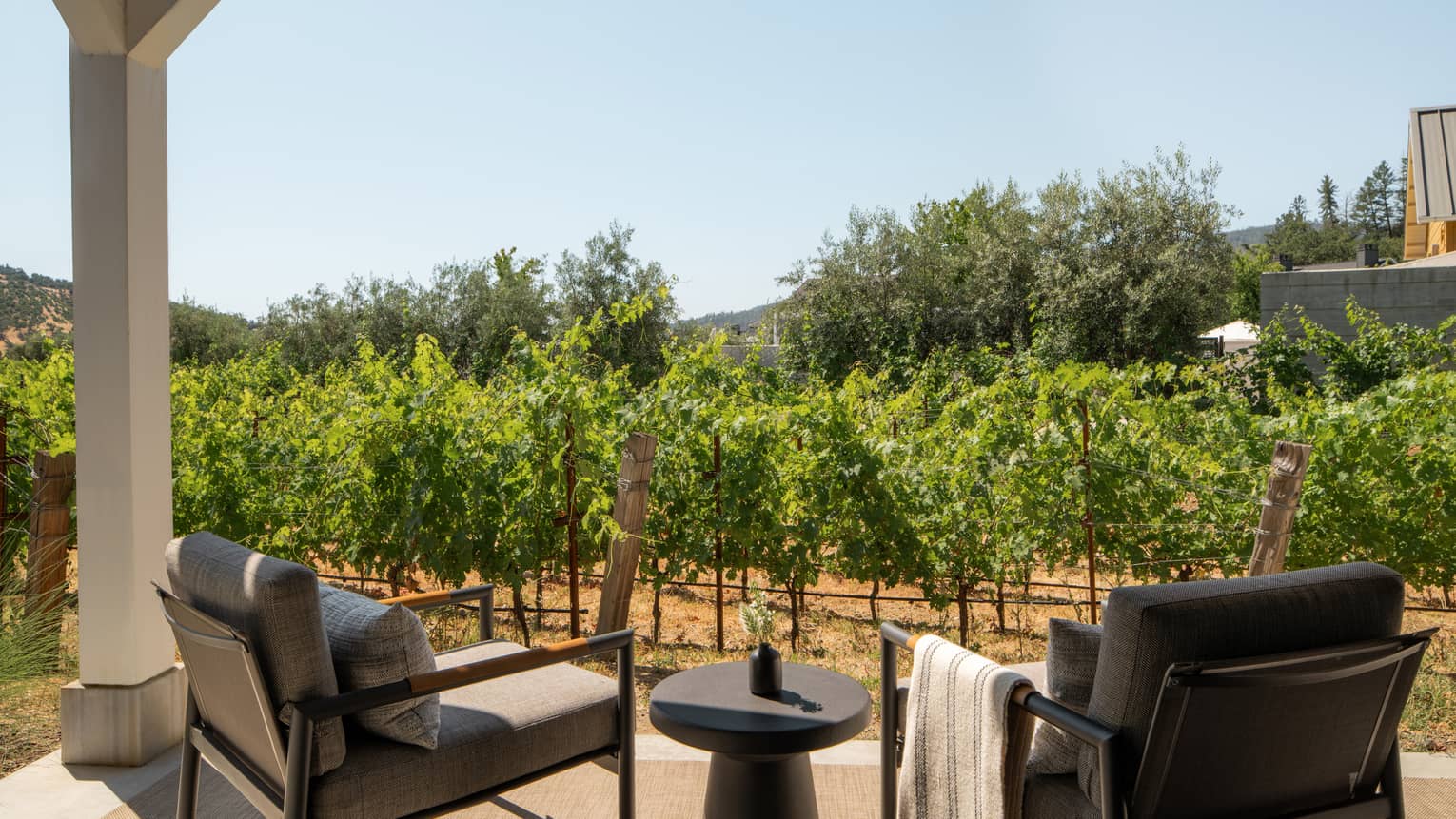 Covered patio with two chairs and small table, overlooking vineyard and resort