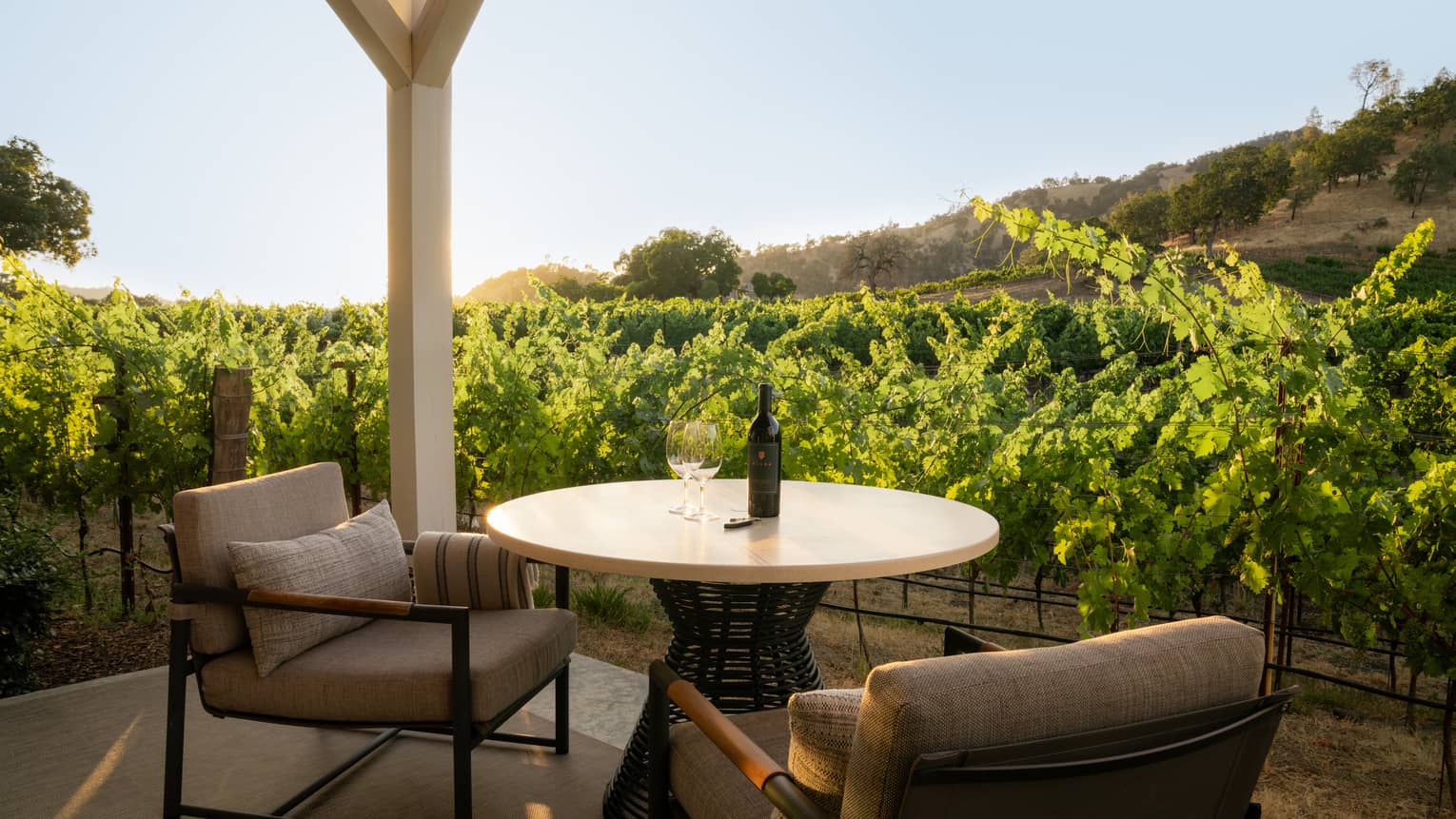 Covered patio with round table and two chairs, set next to vineyard