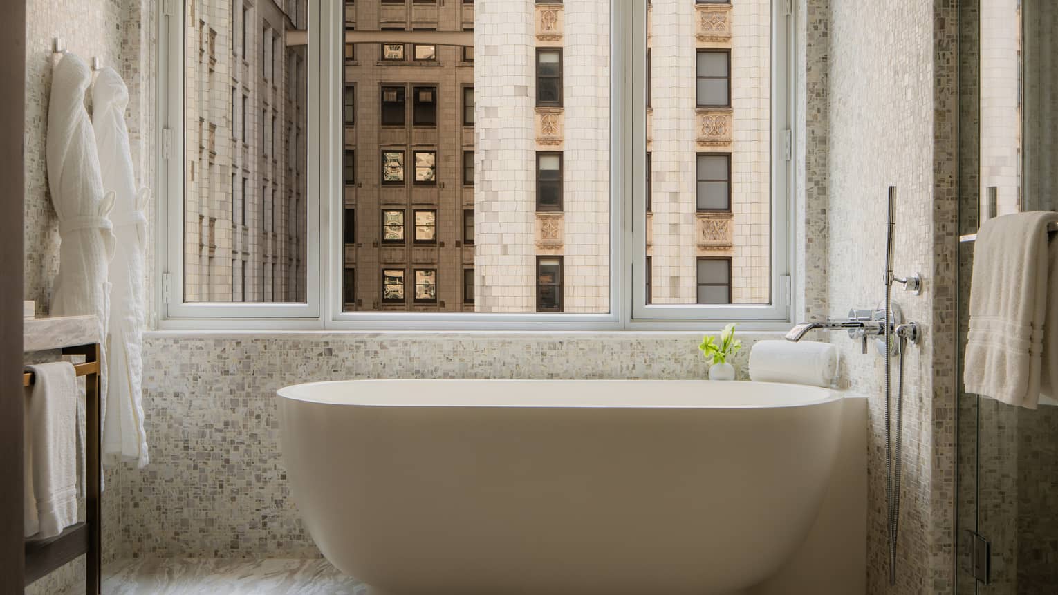 Luxury hotel bathroom with windowside deep-soaking tub