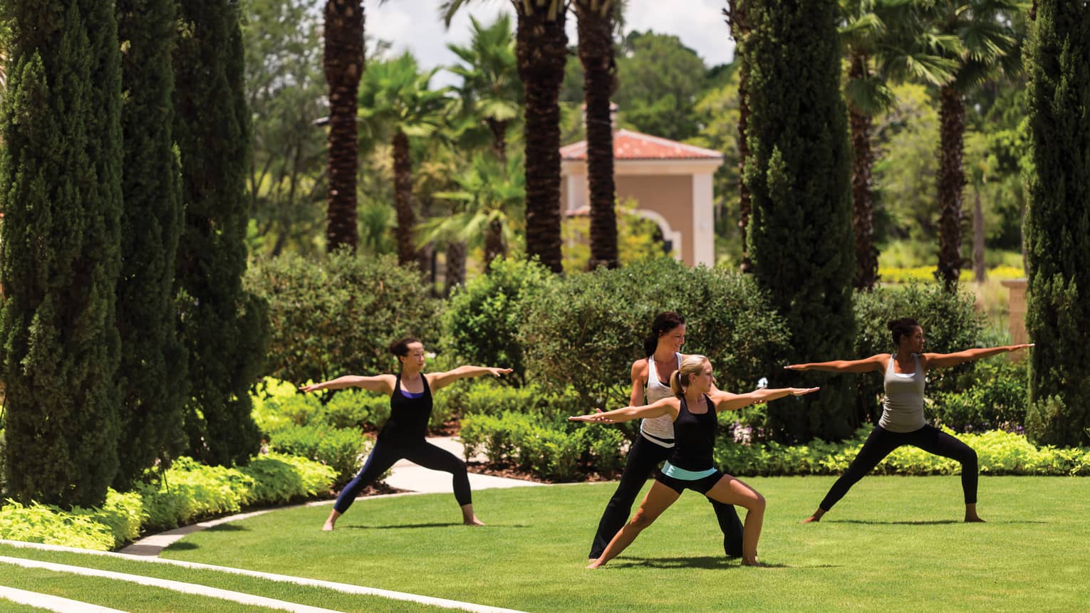 Group of people stand, arms outstretched in yoga poses on green lawn