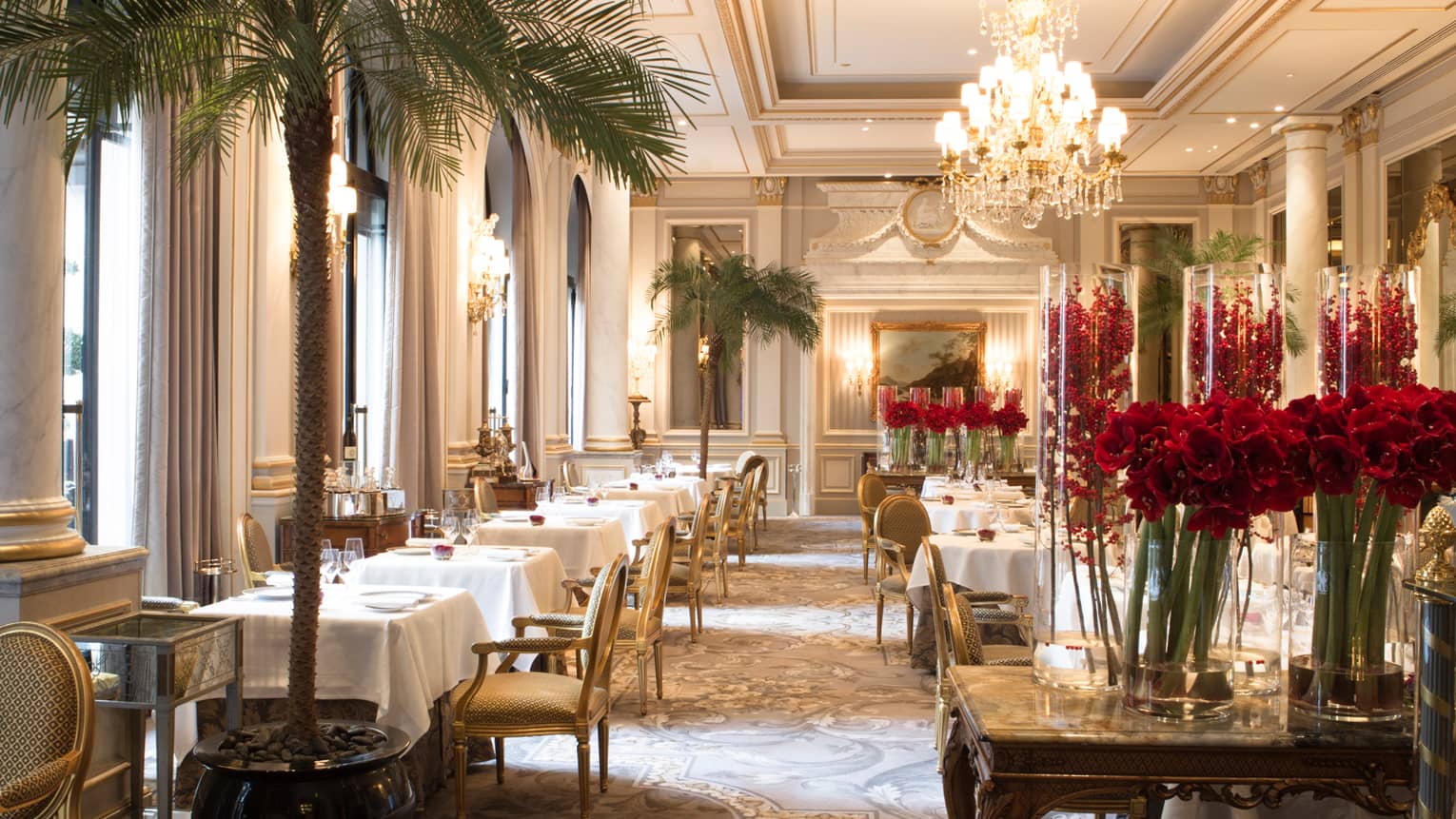 Potted palm trees, red flowers, crystal chandeliers decorate elegant dining room