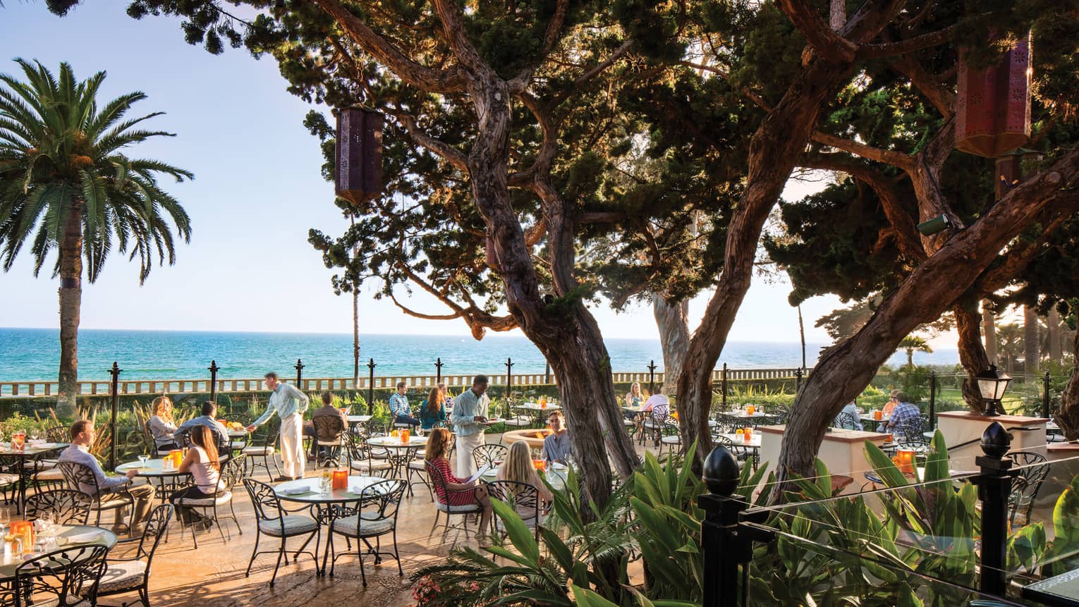 View of diners on Bella Vista patio at wrought-iron tables, chairs through large trees, plants 
