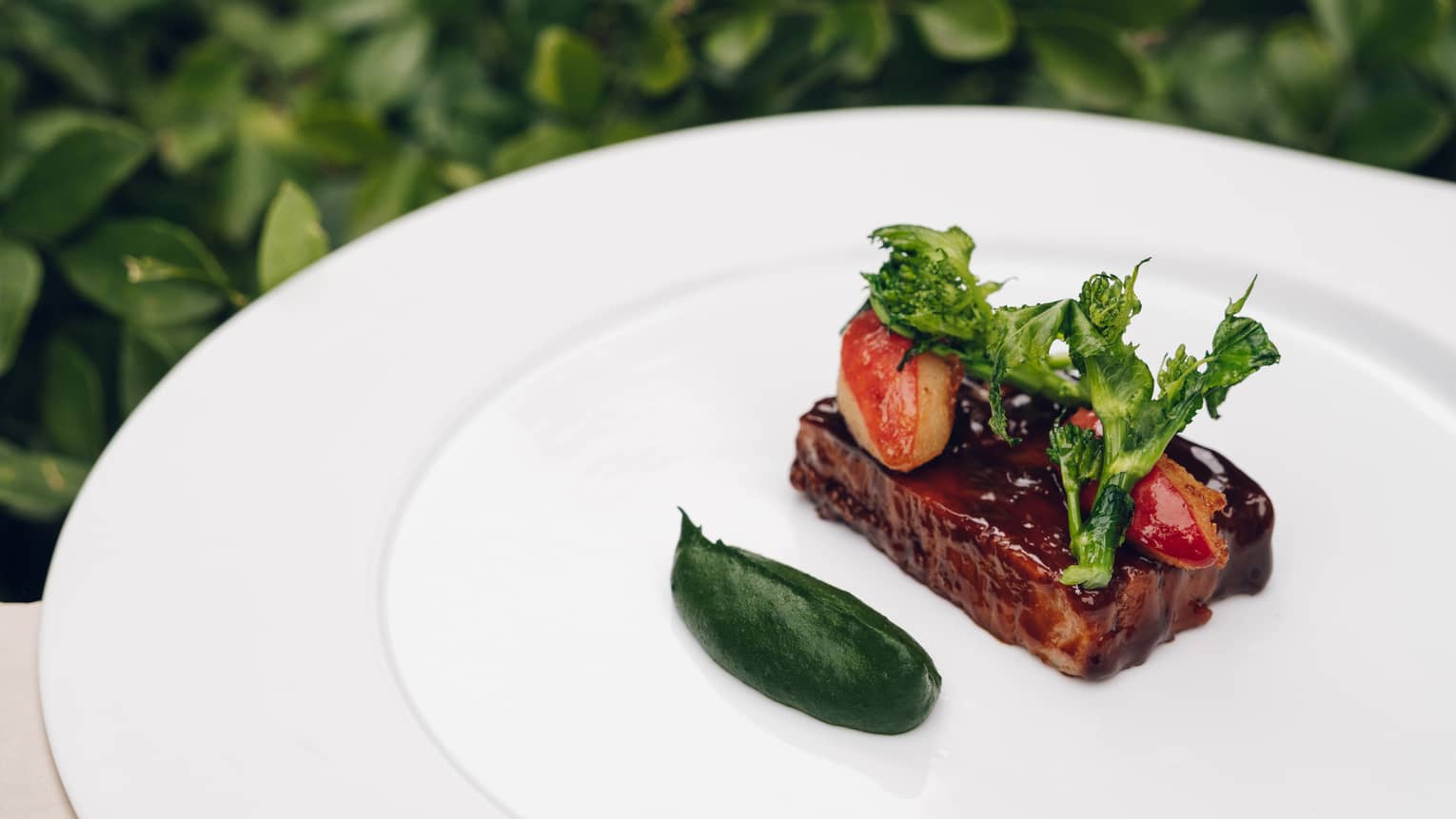 Saucy meat fillet topped with green turnip tops and fruit