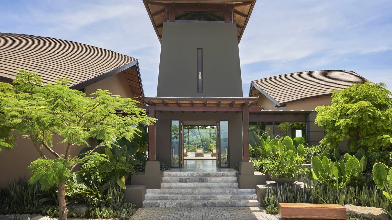 Entrance of a villa with tower-like central building