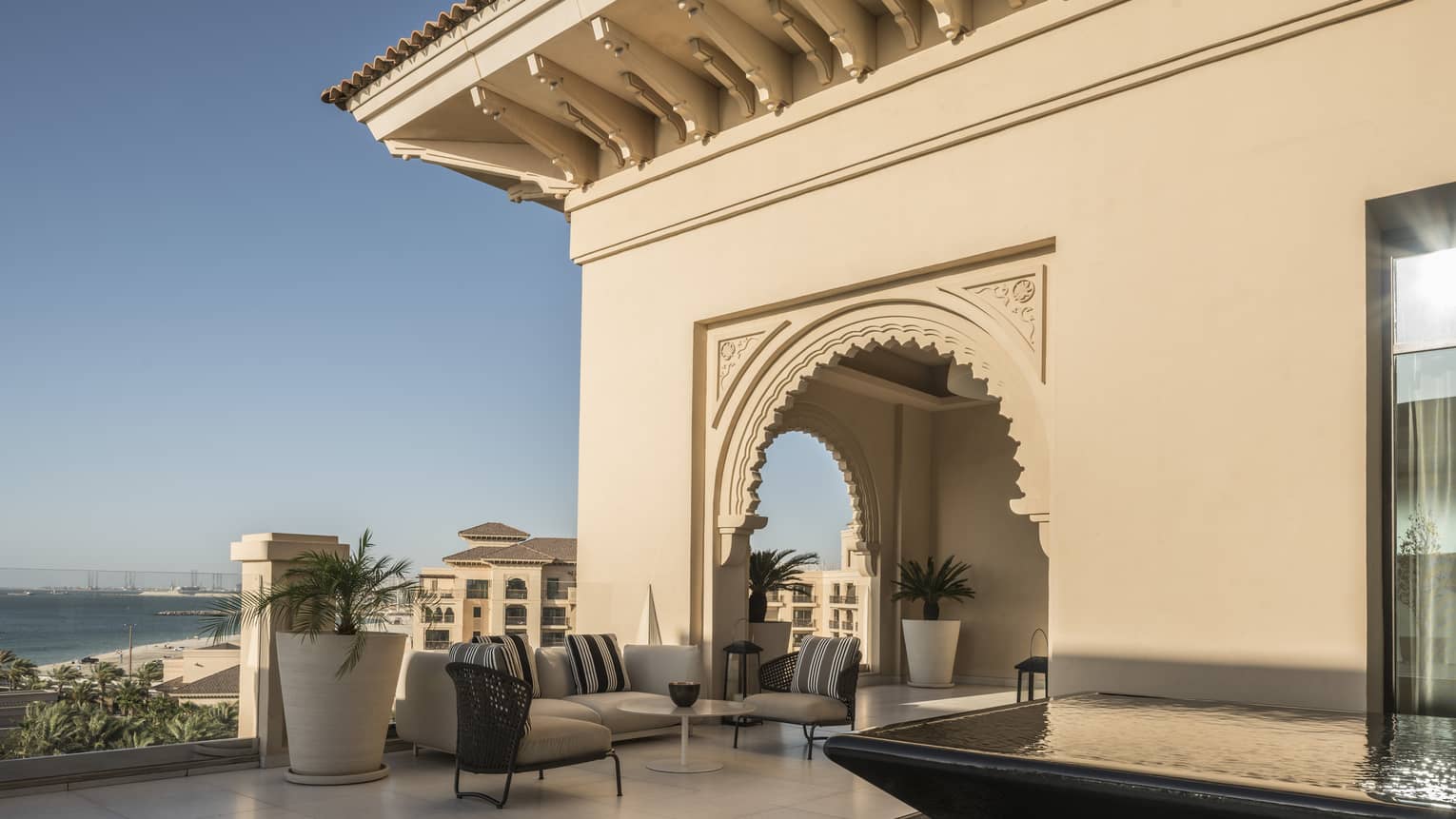 Penthouse suite terrace overlooking Dubai beach