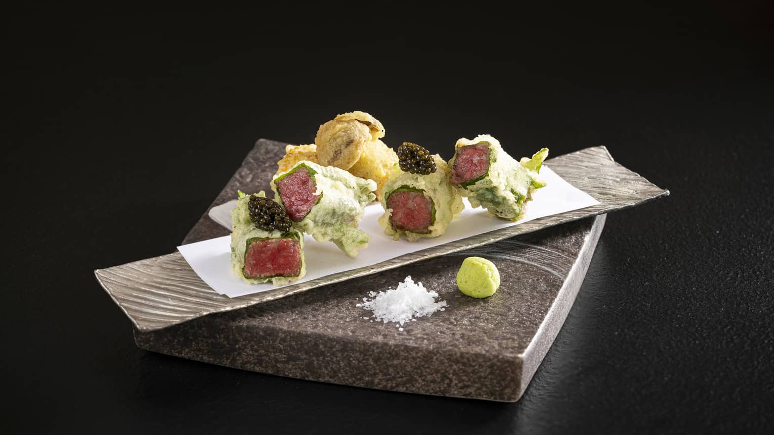 A5 Xue Long Beef Tempura with Kaluga Caviar on granite slab