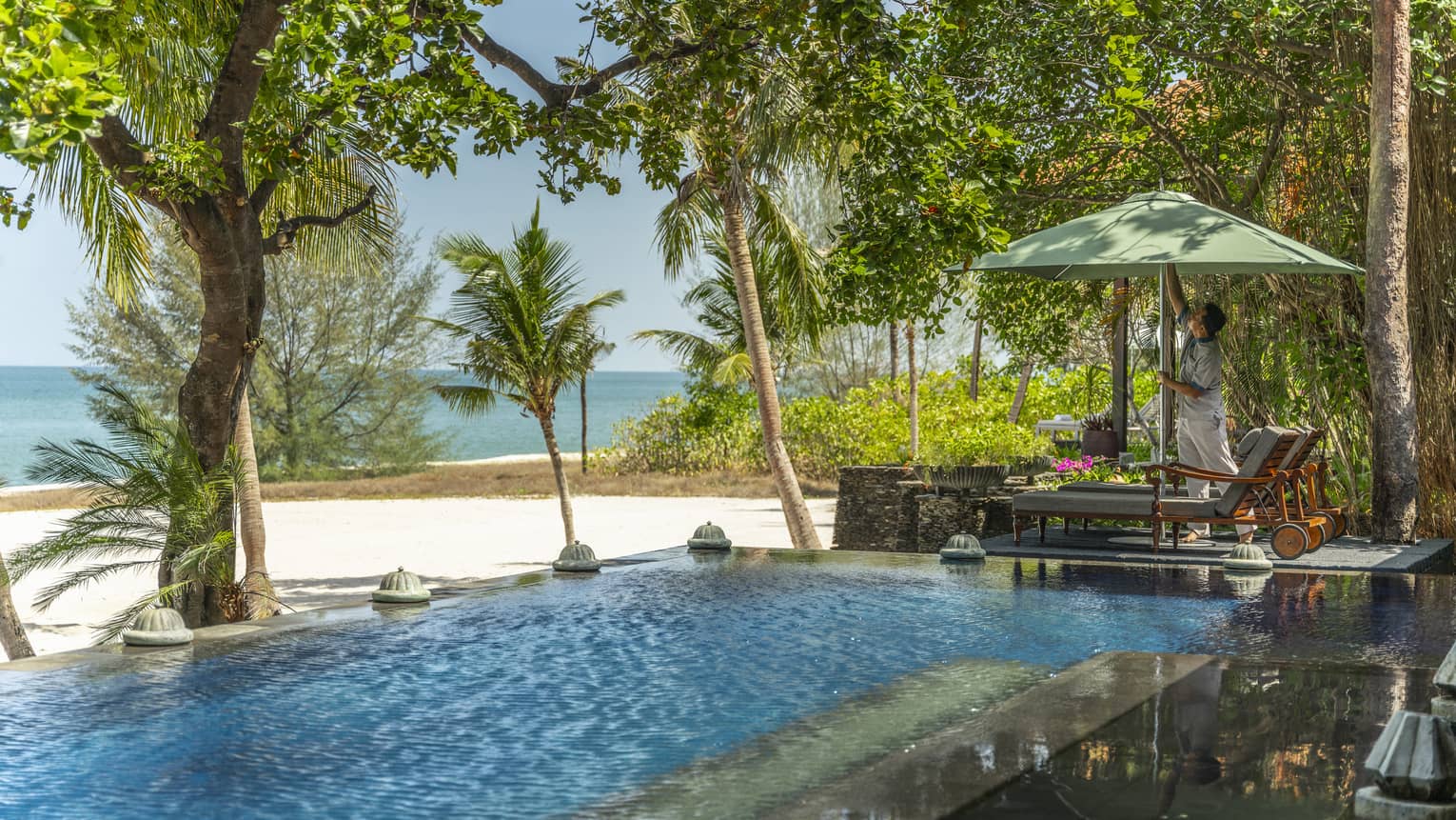 Private pool with beach and sea view in a tropical setting