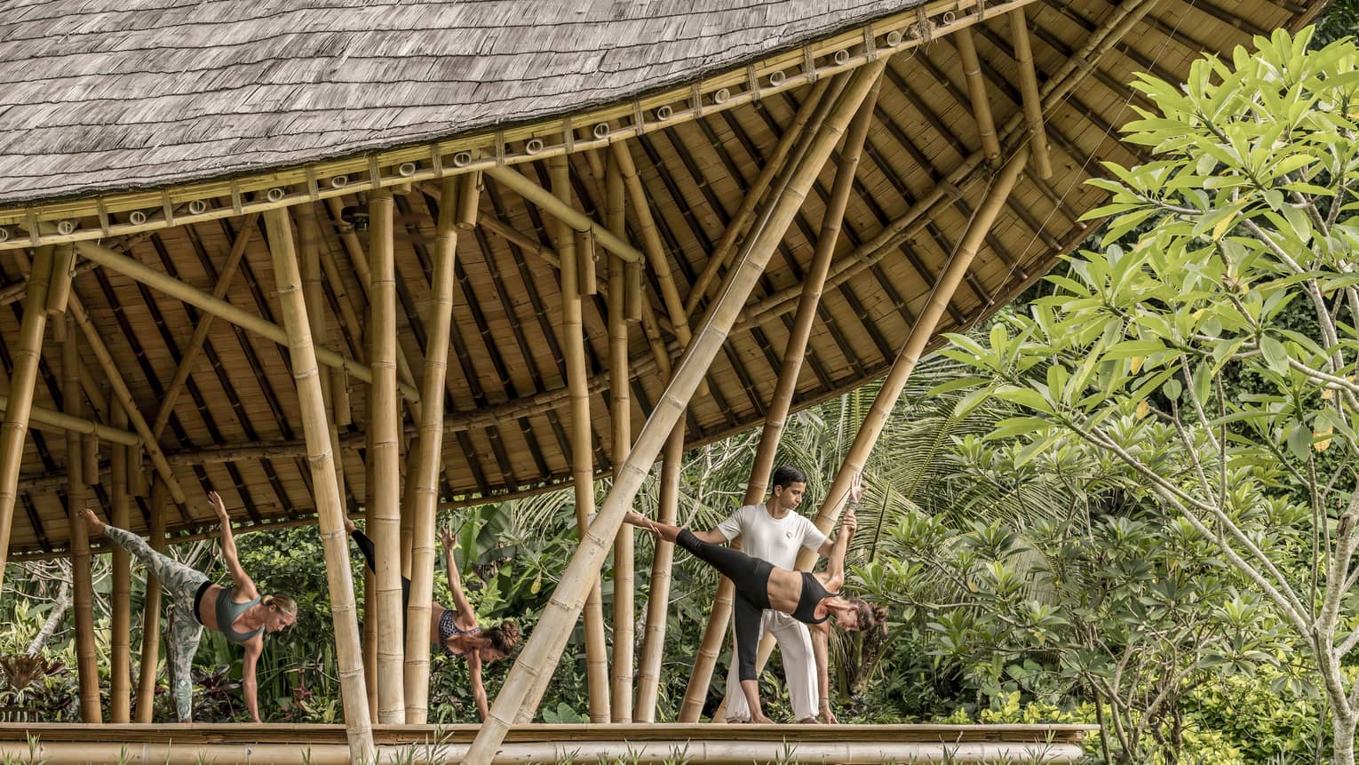 A group does yoga in a bamboo pavillion