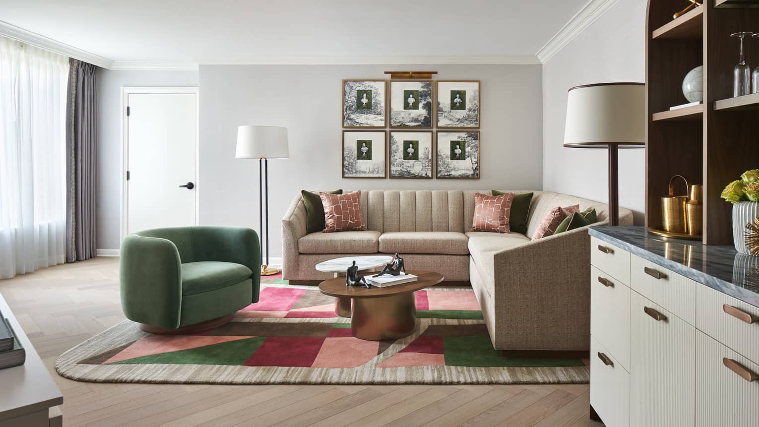 Luxury hotel suite living room with wet bar at Four Seasons Hotel Washington, DC