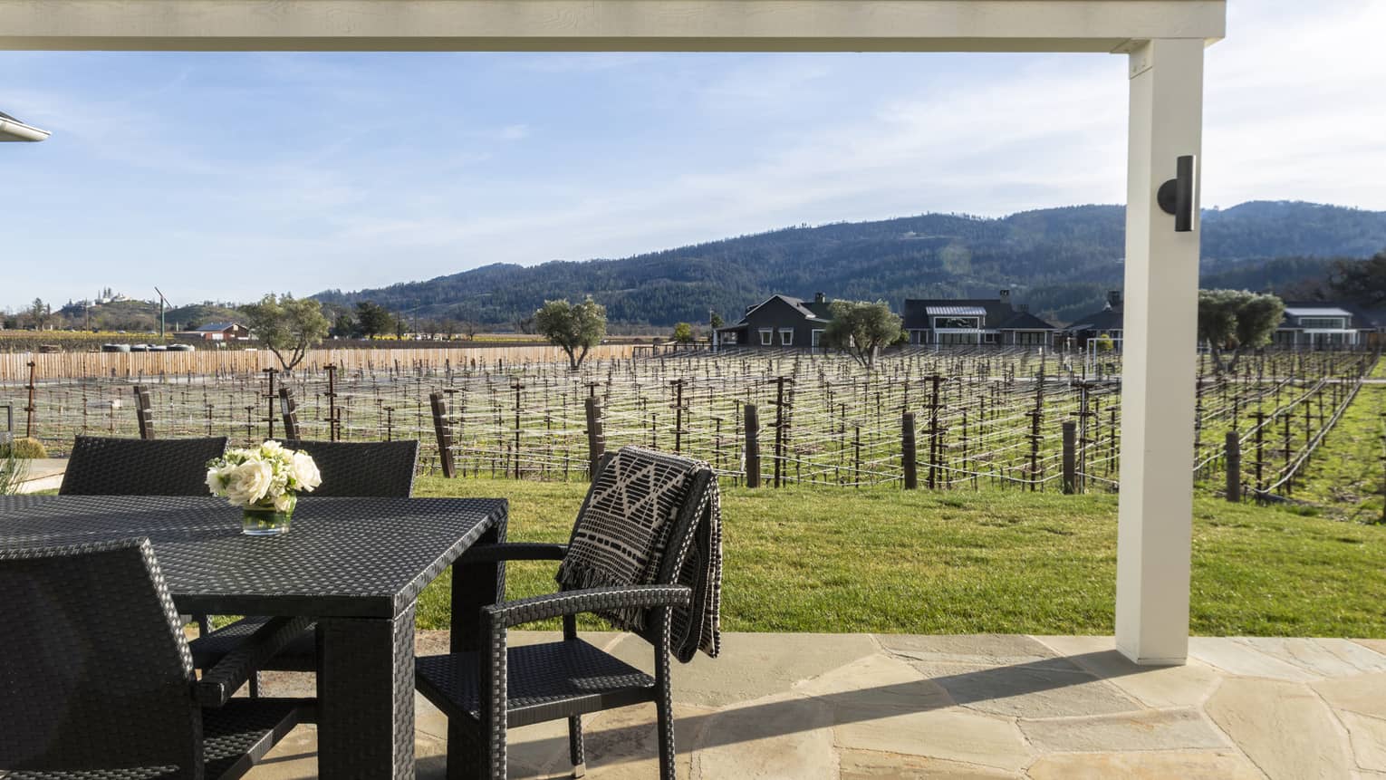 Luxury villa patio with black wicker dining set under a white pergola overlooking vineyard rows, green lawn and mountain in the distance under a clear sky