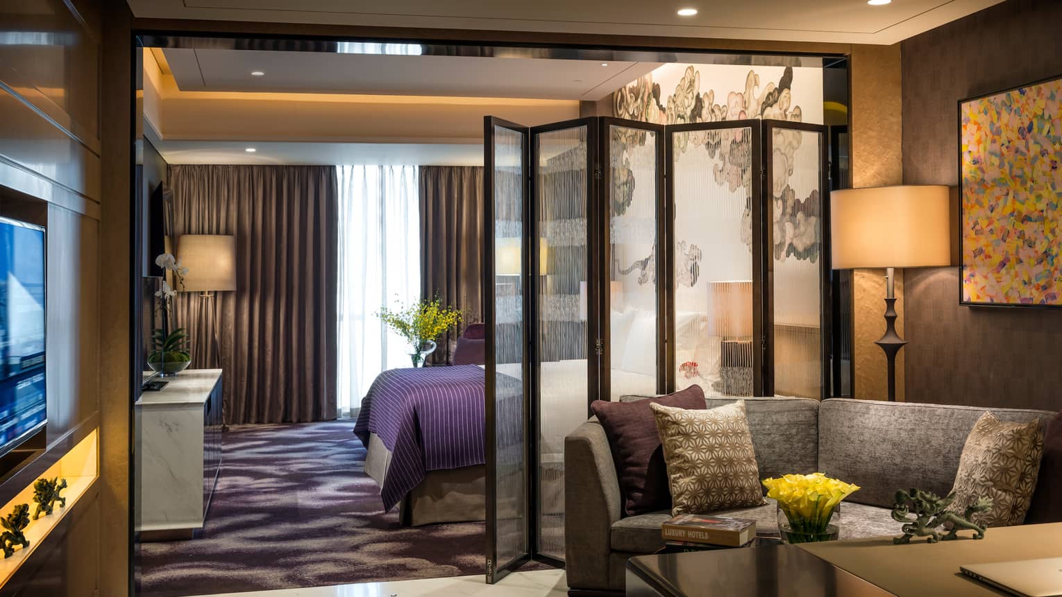 Four Seasons room sofa, lamp across from TV, bed behind folding room divider