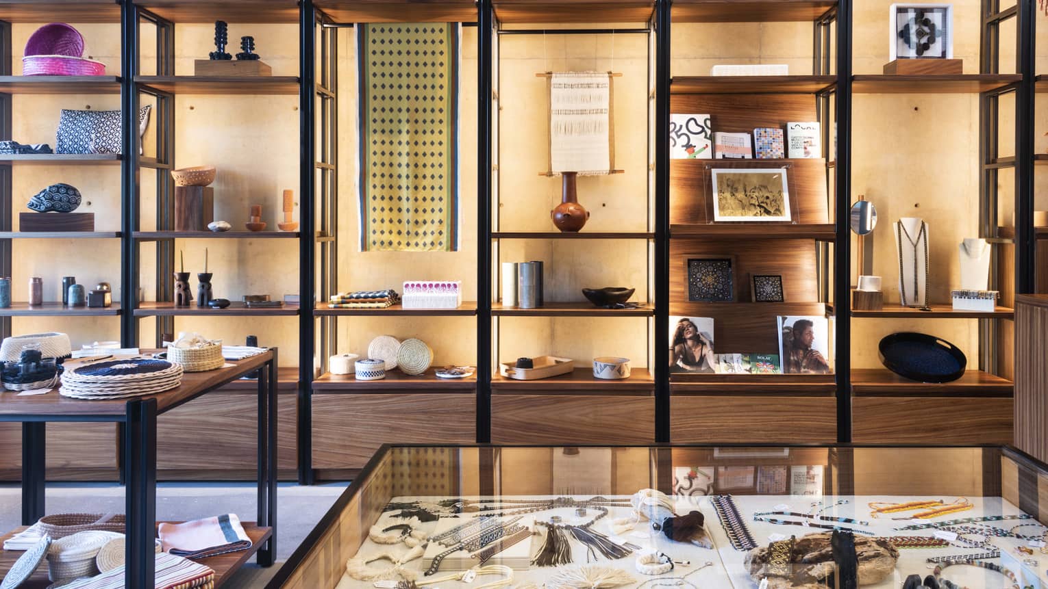 Boutique with illuminated grid-style shelves