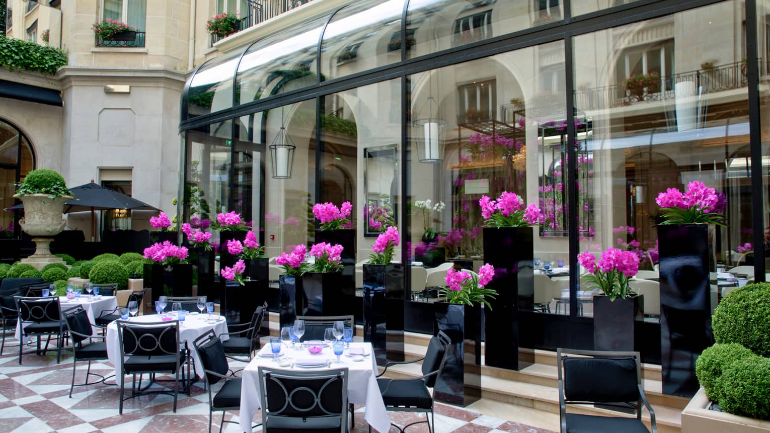 L’Orangerie courtyard patio, dining tables by purple flowers