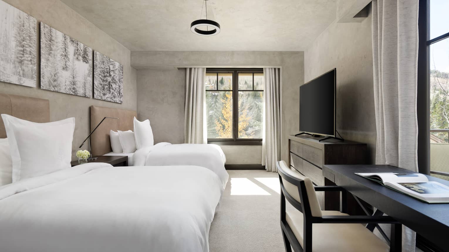 Bedroom with two beds, leather headboards, snowy tree artwork, desk and TV