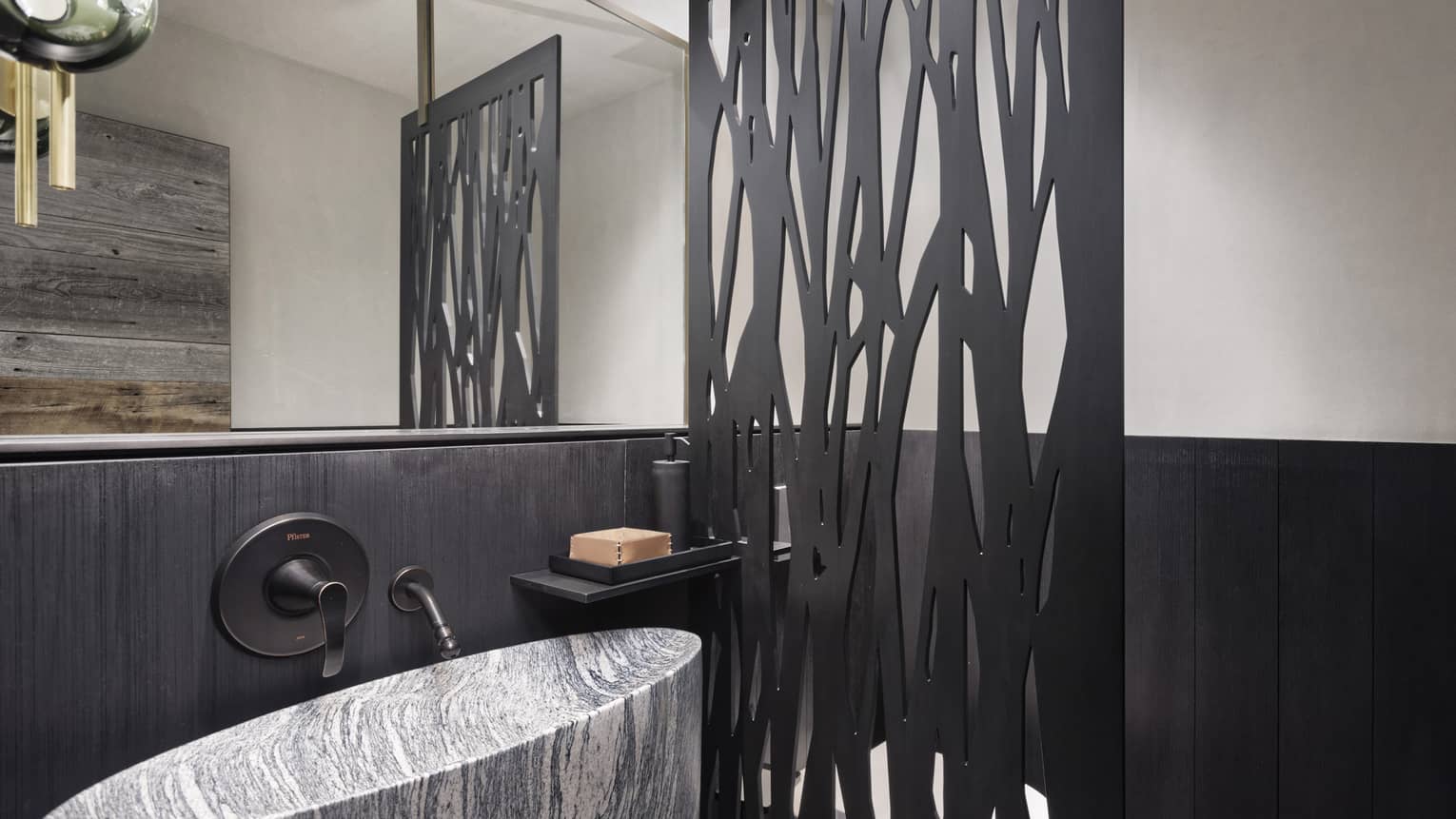 Bathroom with modern stone sink, artistic divider wall