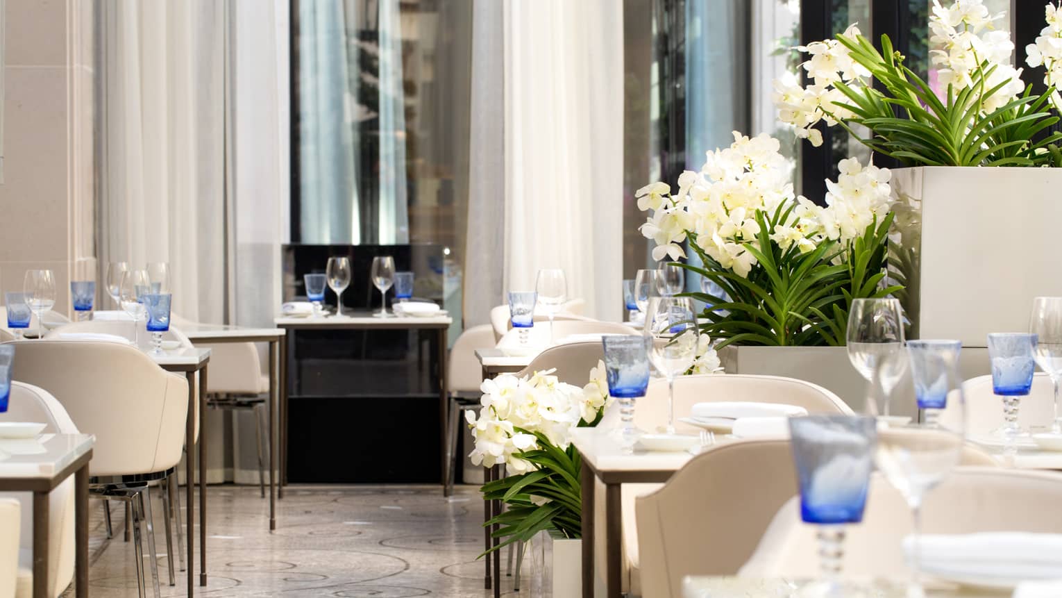 Le George dining room, fresh white flowers, tables and chairs