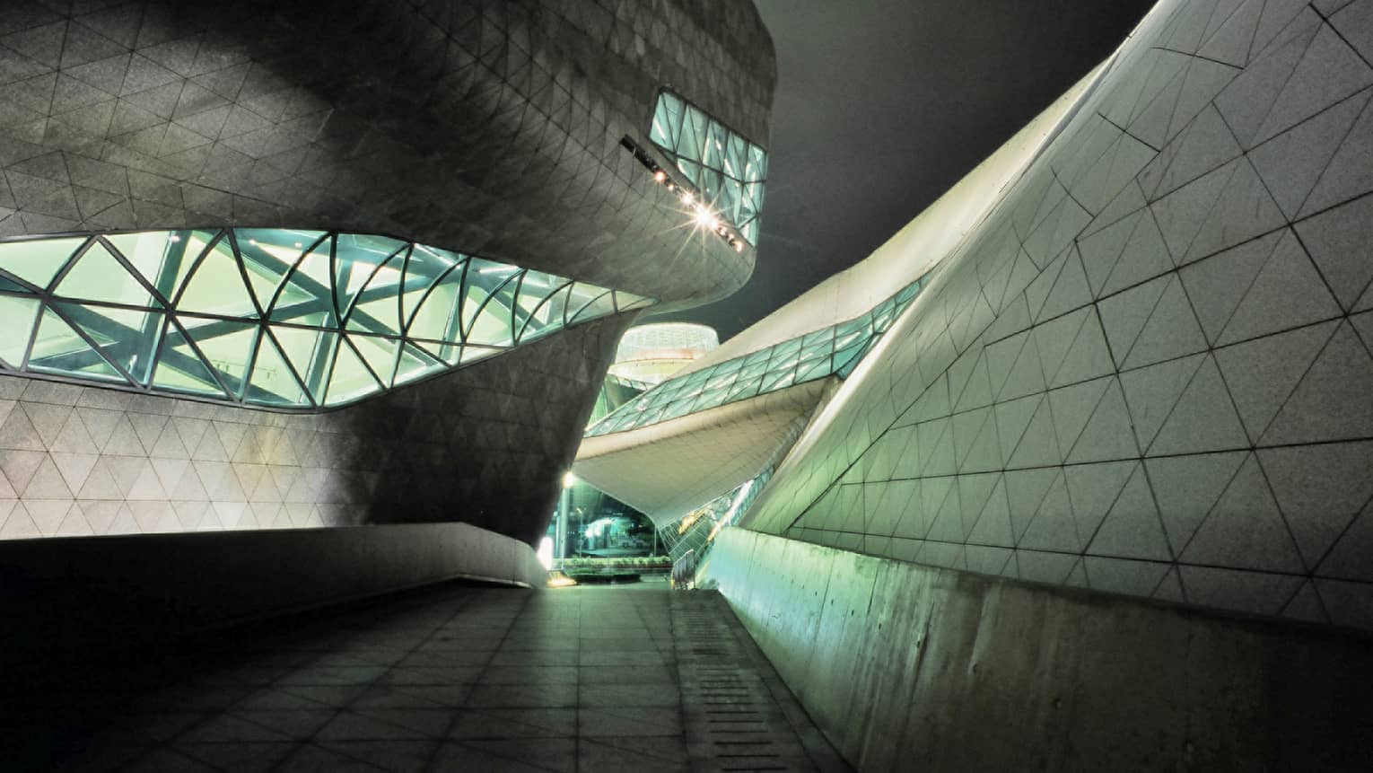 View through modern geometric corridor at Guangzhou Opera House building