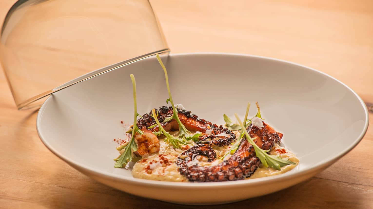 Grilled octopus, greens in potato foam puree in large white bowl with glass top