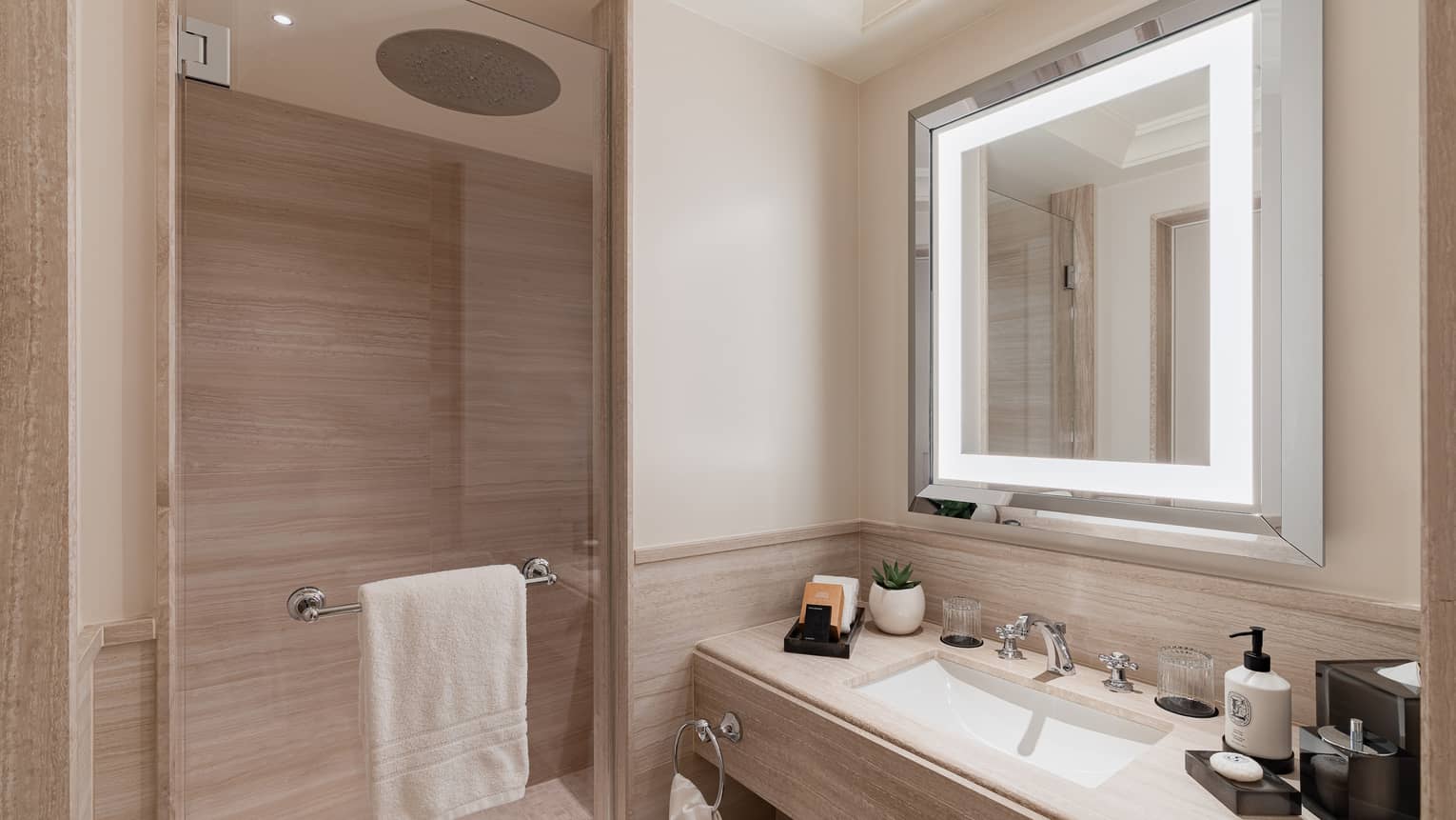 Contemporary bathroom with grey/taupe tiled vanity and walk-in shower