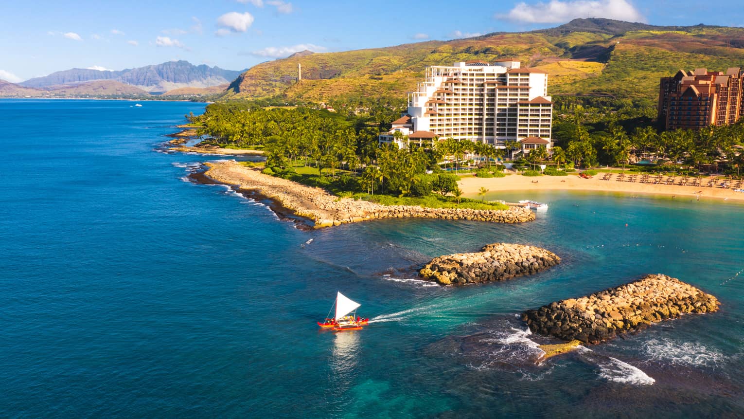 Aerial view of FS Hawaii, Oahu at Ko Olina, blue water and skies