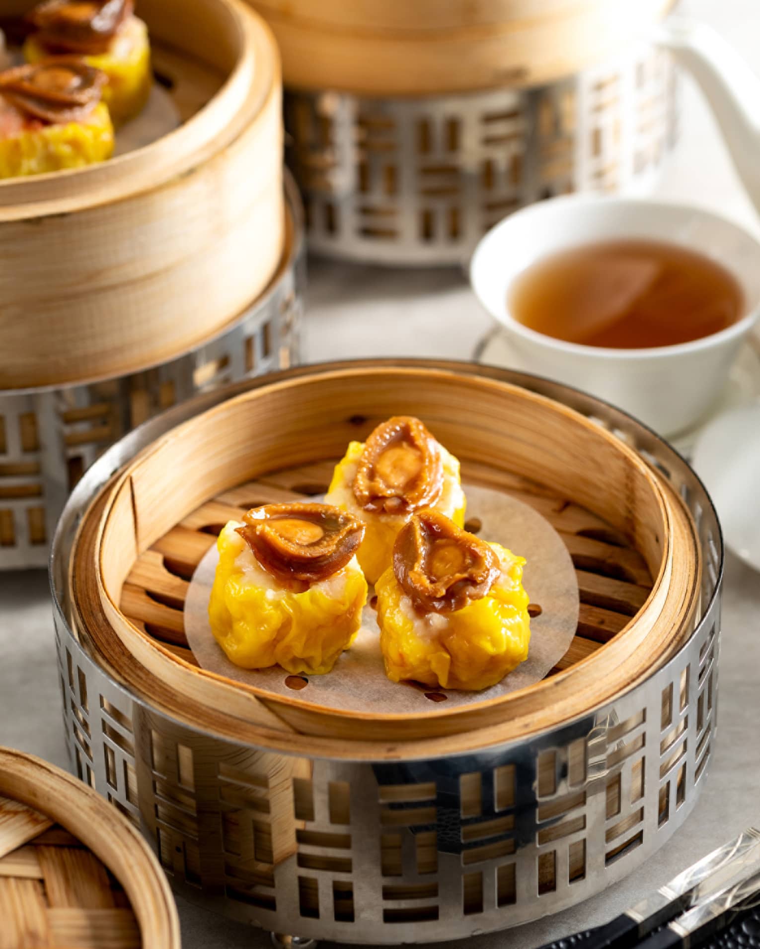 Abalone Shumai, Prawns, Pork in steamer basket
