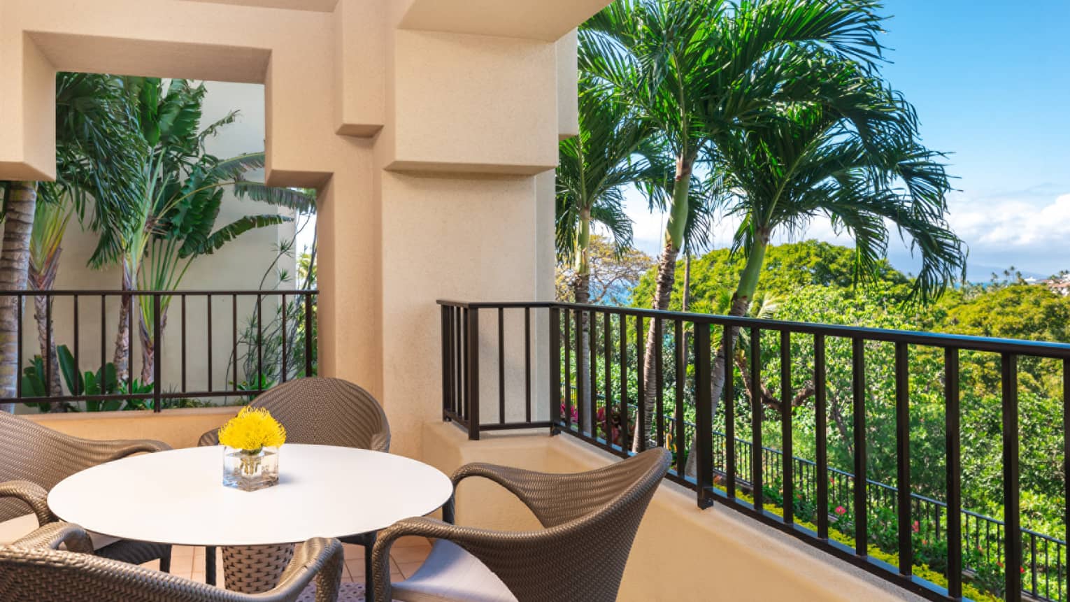 Balcony with round table and chairs overlooking lush tropical trees and blue sky