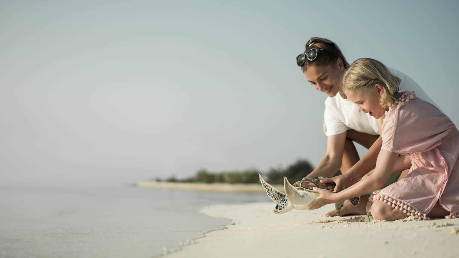Marine Discovery Centre. Woman and daughter help release a sea turtle back in ocean