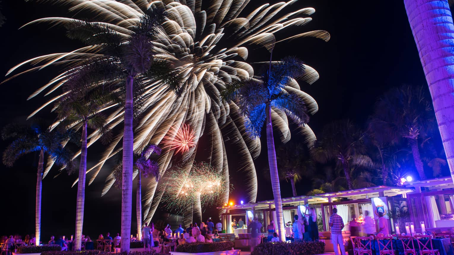 People around resort outdoor pool/bar watching fireworks in the night sky