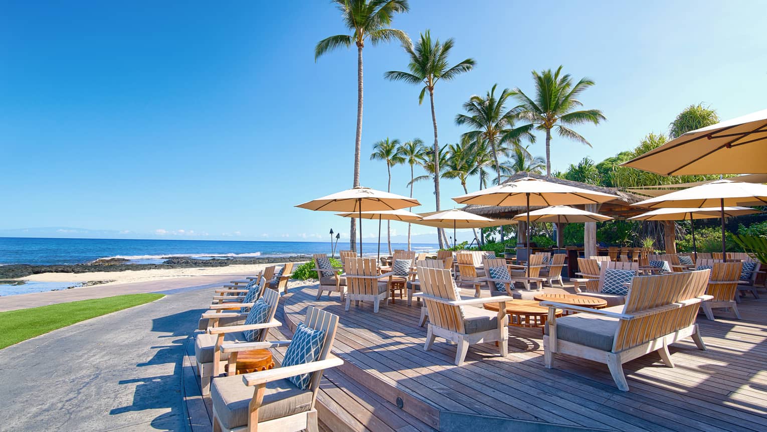 Beach Tree restaurant patio towering palm trees over wood deck, dining tables
