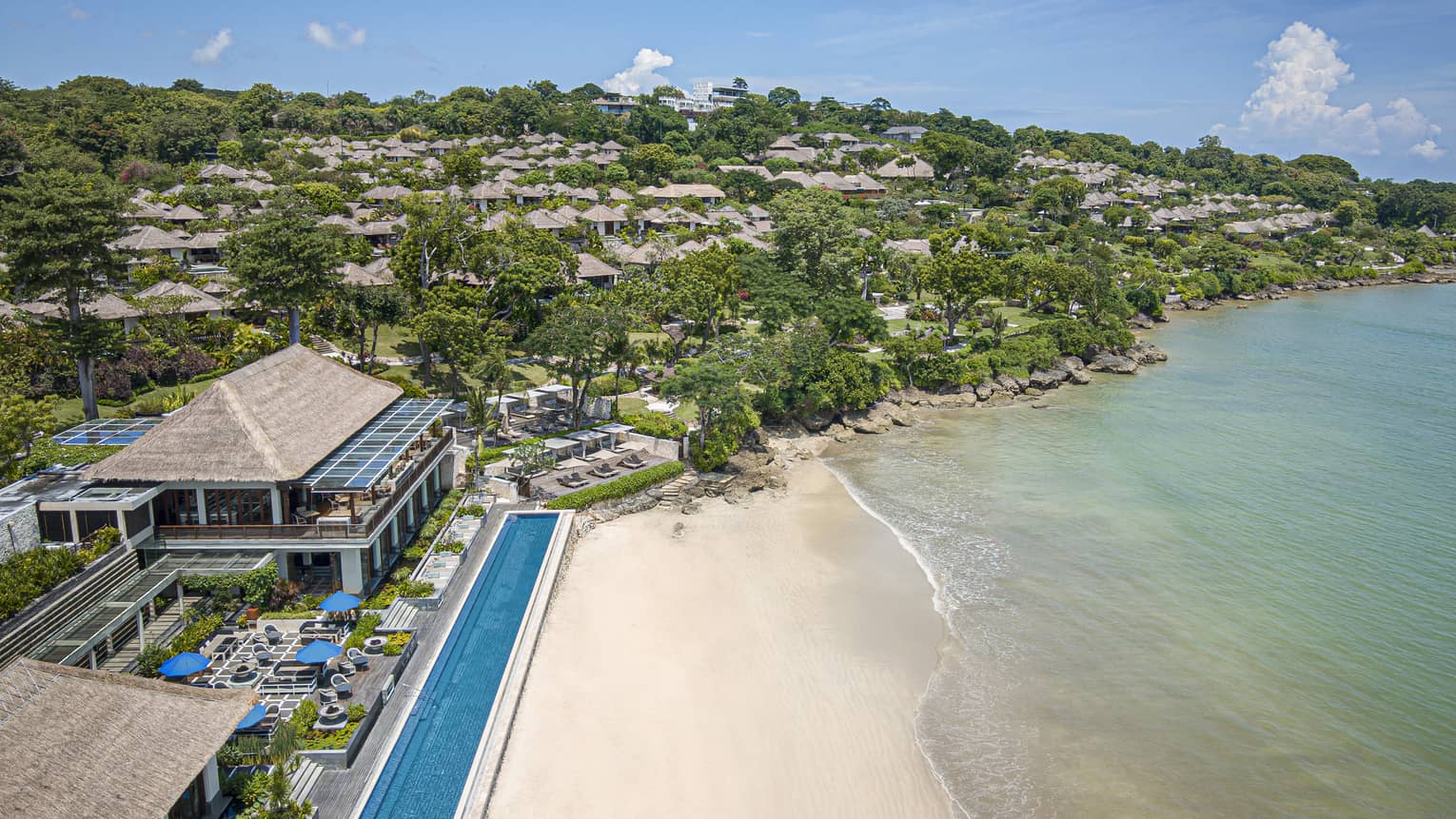 Aerial shot of the Resort, visible shoreline and foliage