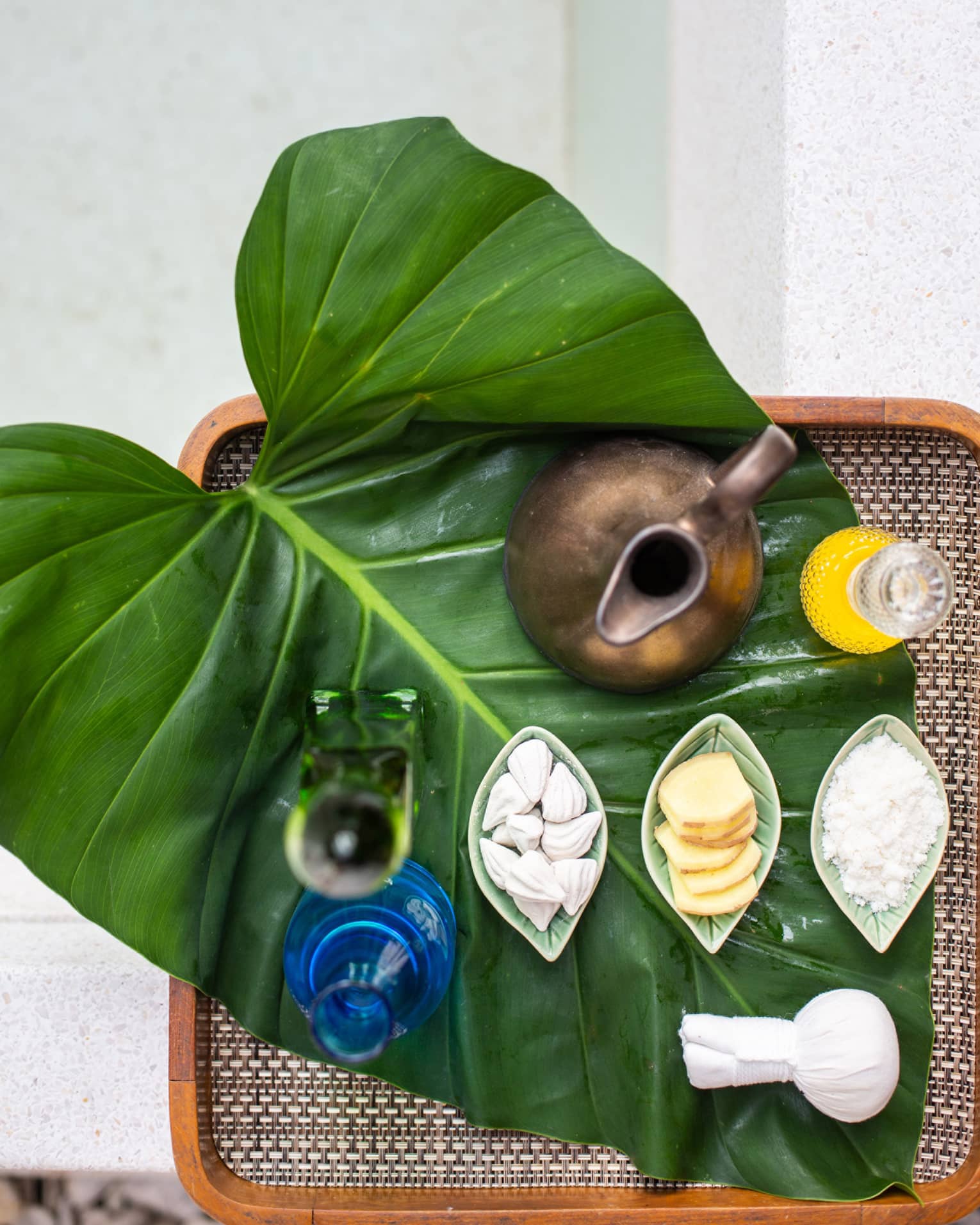 Spa tray with essential oils and massage tools