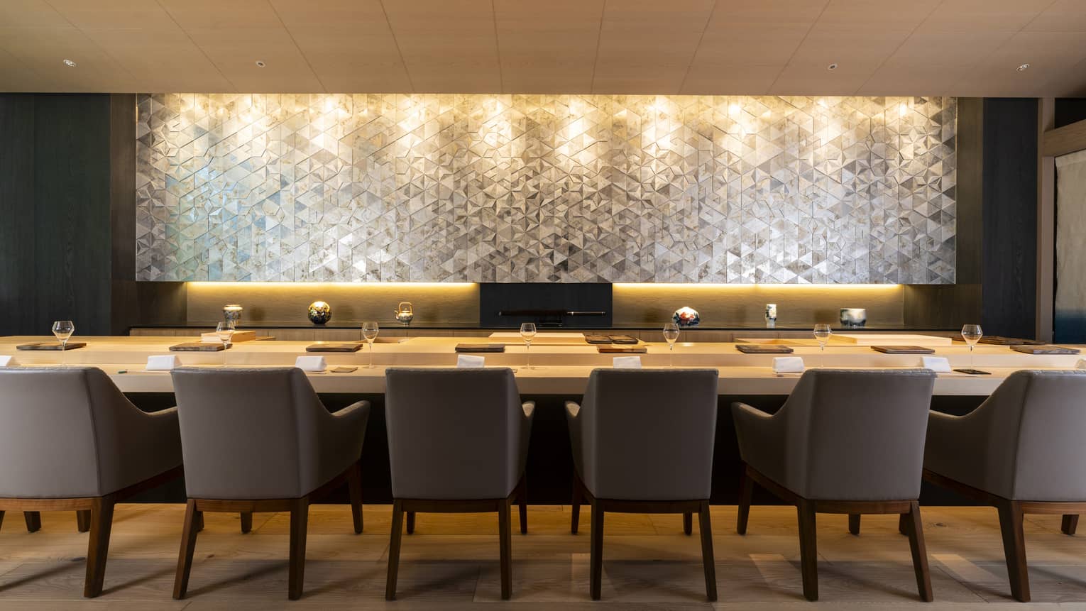 Elegant interior of Sushi Ginza Onodera with a traditional sushi counter