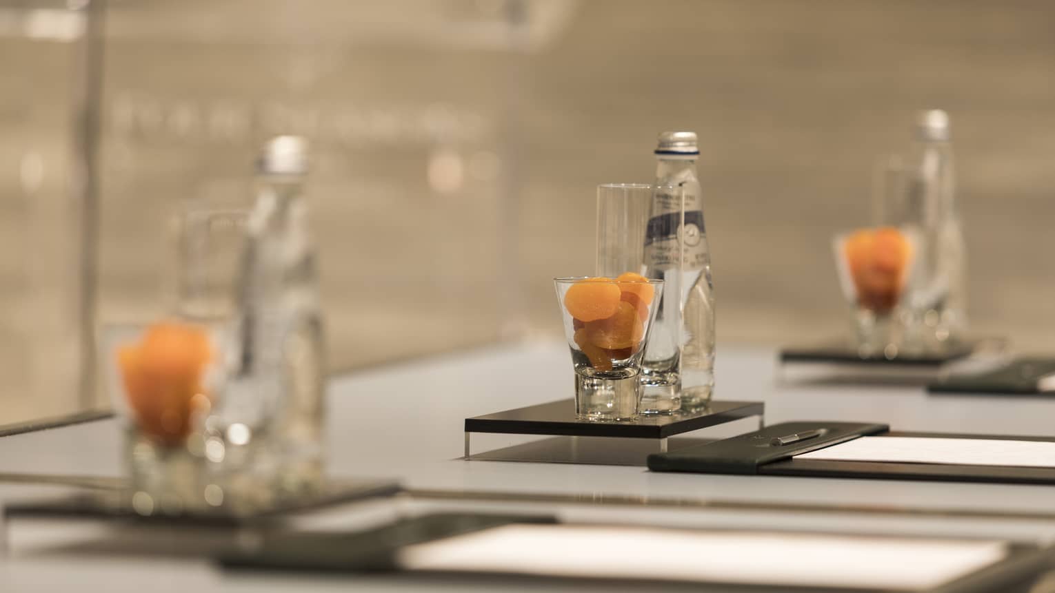 Close-up of meeting table place setting with agenda, dried apricots in glass, bottle of sparkling water