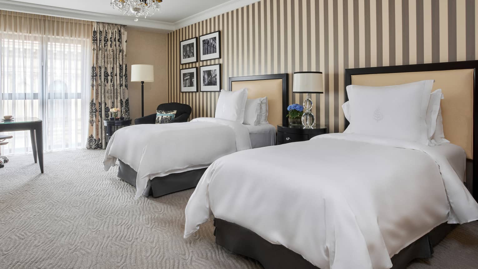 Hotel room with two twin beds and striped wallpaper