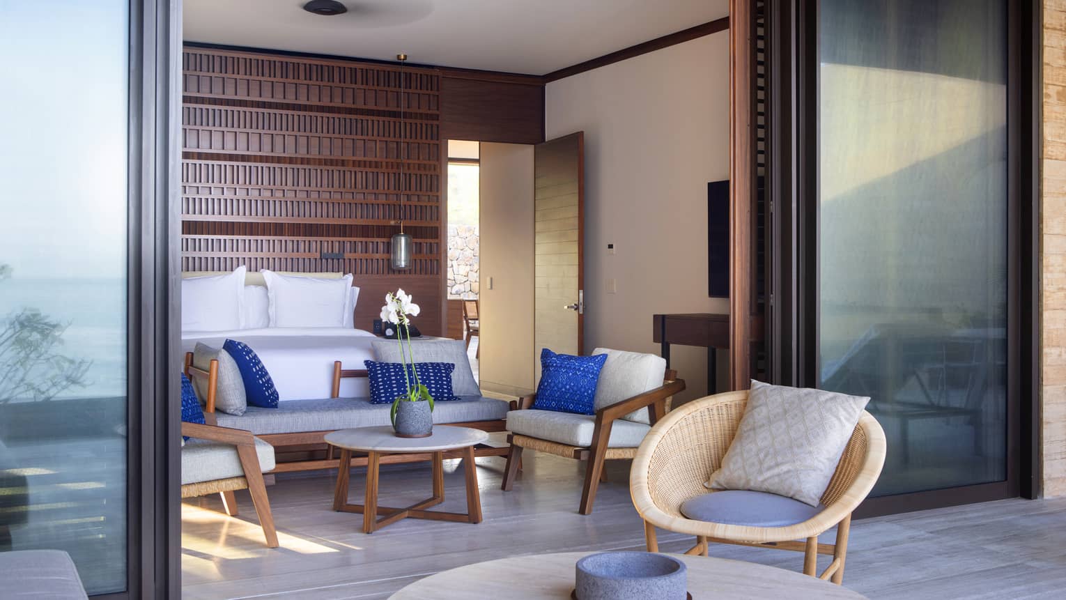 View of bedroom from terrace through sliding glass doors
