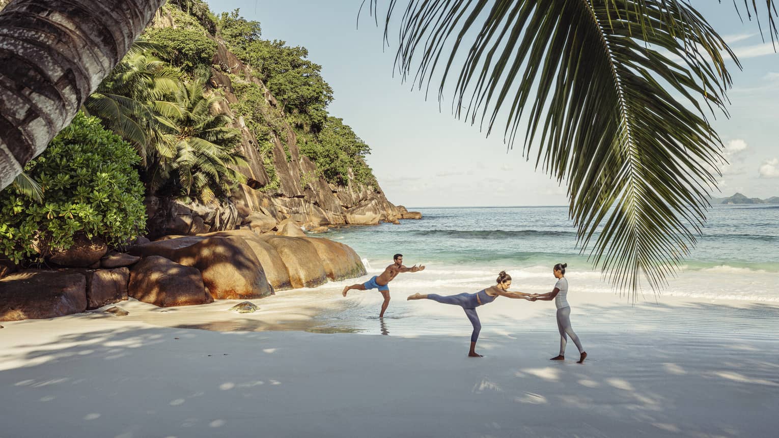 Two guests and an instructor doing yoga on a beach shaded by a large palm tree