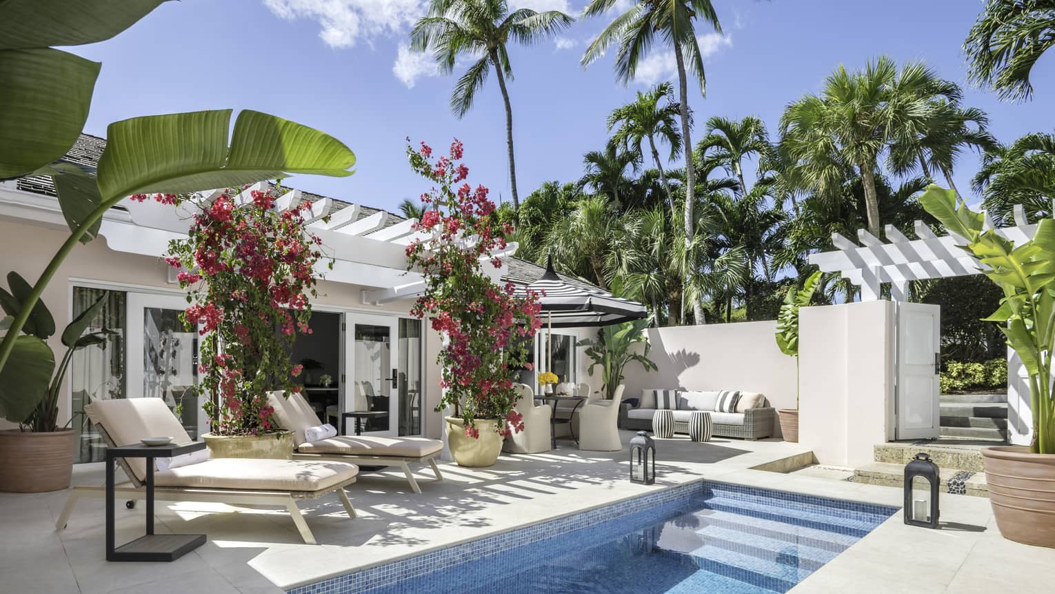 Resort bungalow with a private plunge pool, lounge chairs and lush tropical plants