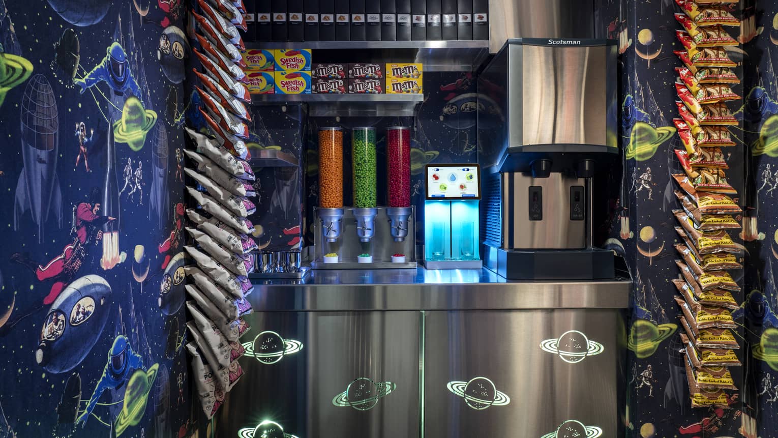 A colourful pantry of snacks and drinks.