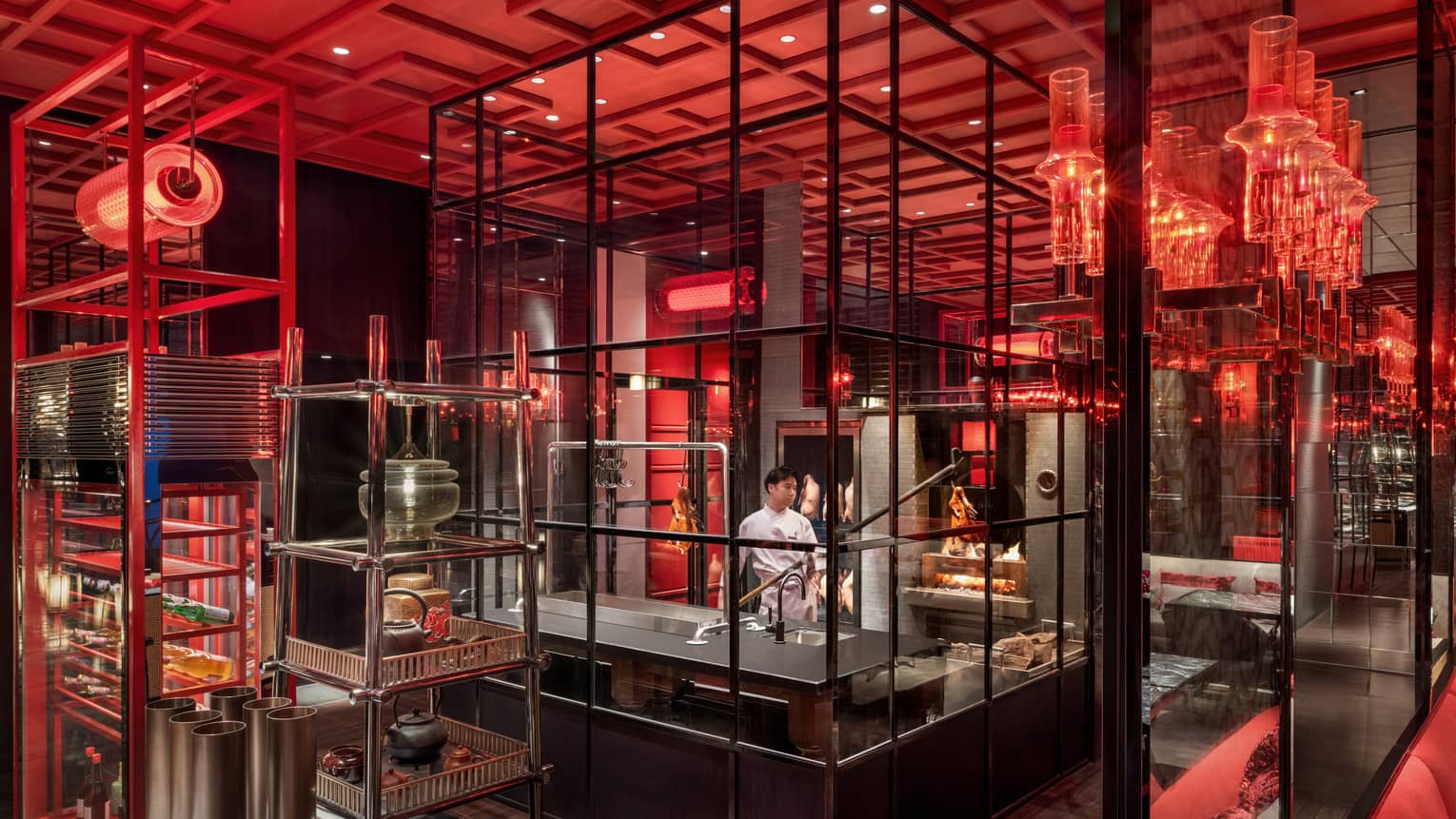 Chinese restaurant with red lighting at Four Seasons Hotel Dalian
