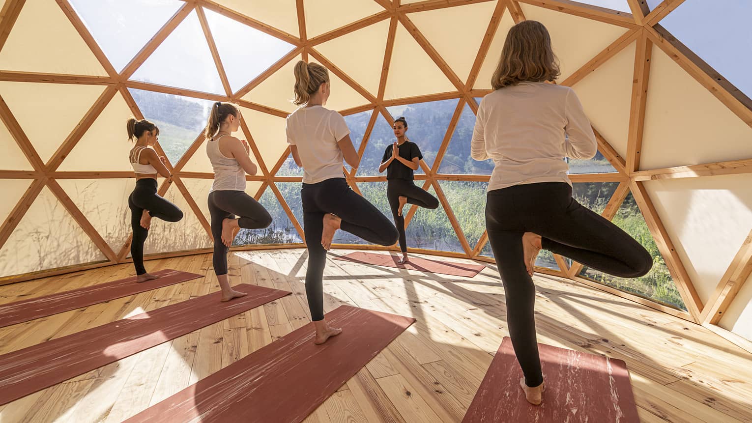 Three women standing in crane pose facing yoga instructor inside eco-friendly geodesic dome