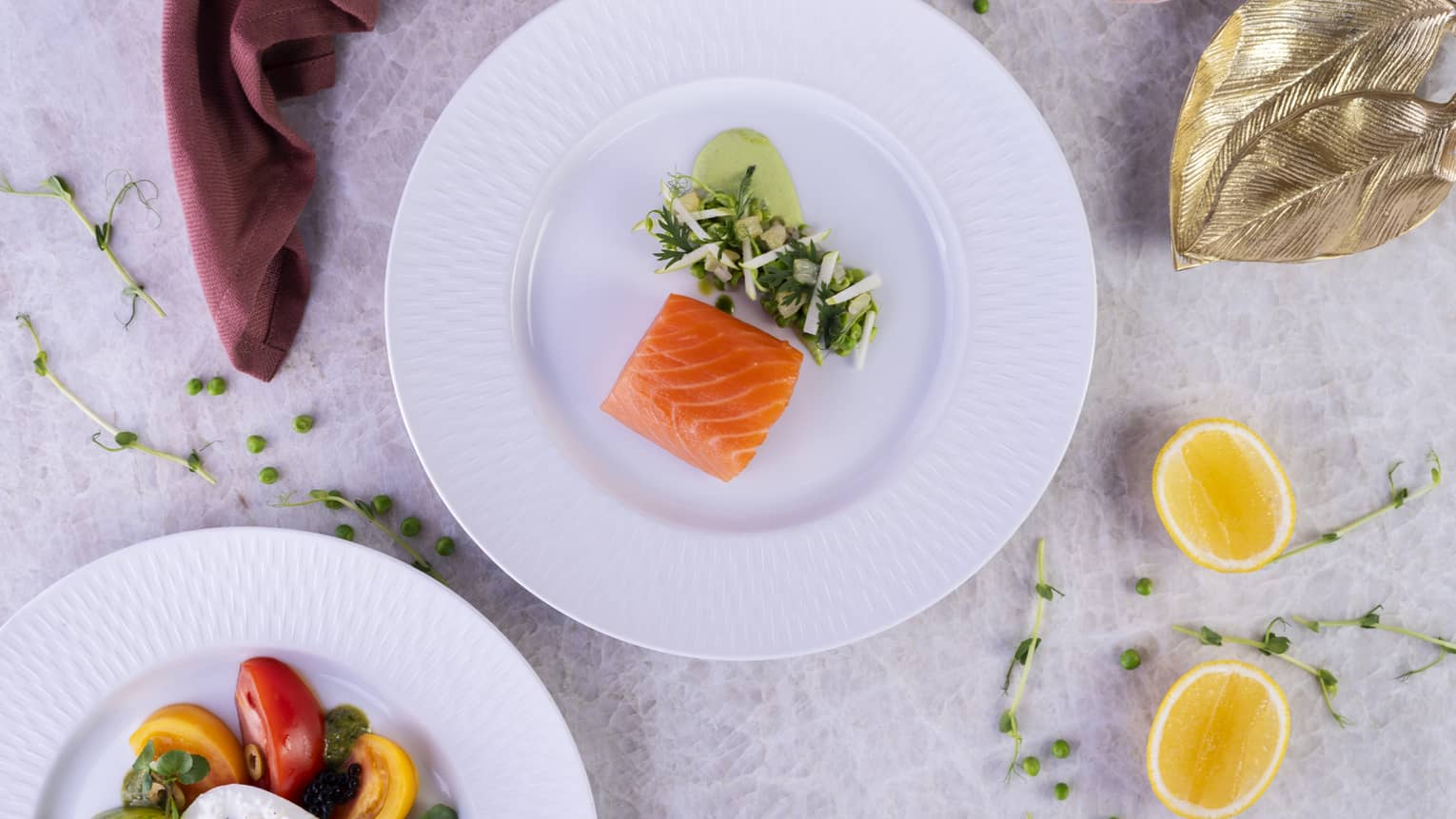Salmon fillet with vegetable garnish on round white plate with tomato burrata salad beside it