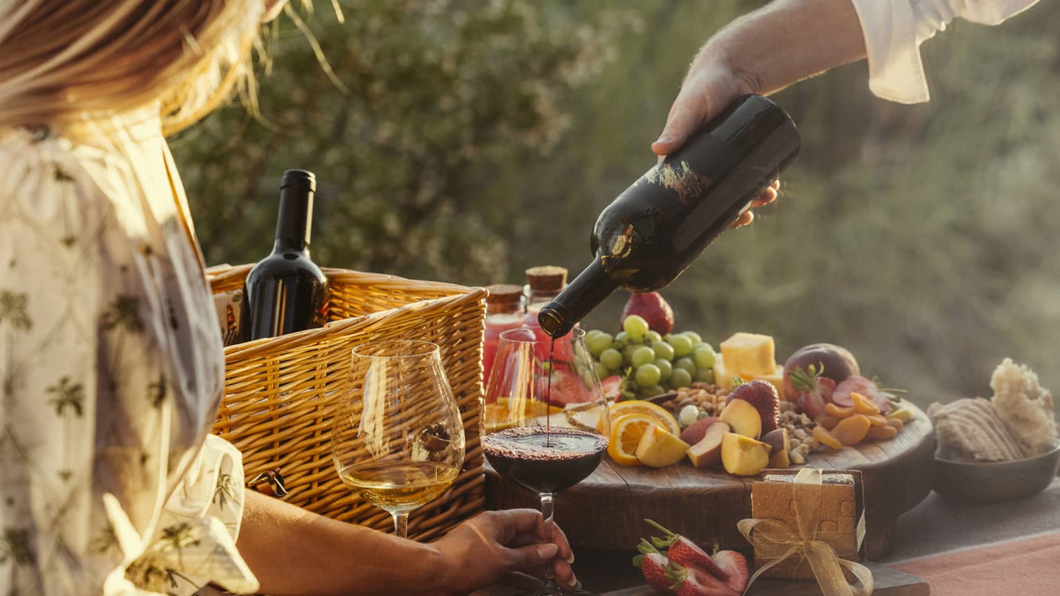 Someone pours a glass of red wine for a woman at a picnic