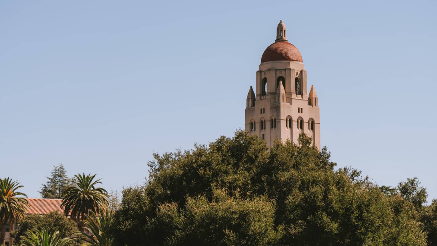 The top of a beige building with many trees in front of it.