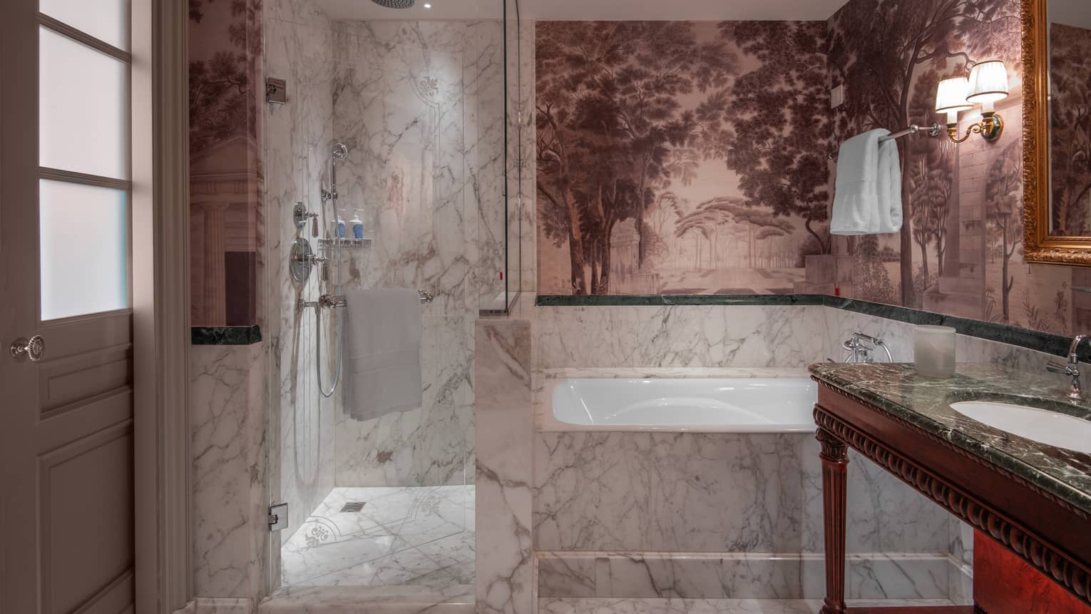 Hotel room marble bathroom with bath tub and separate shower  at Four Seasons Hotel Florence