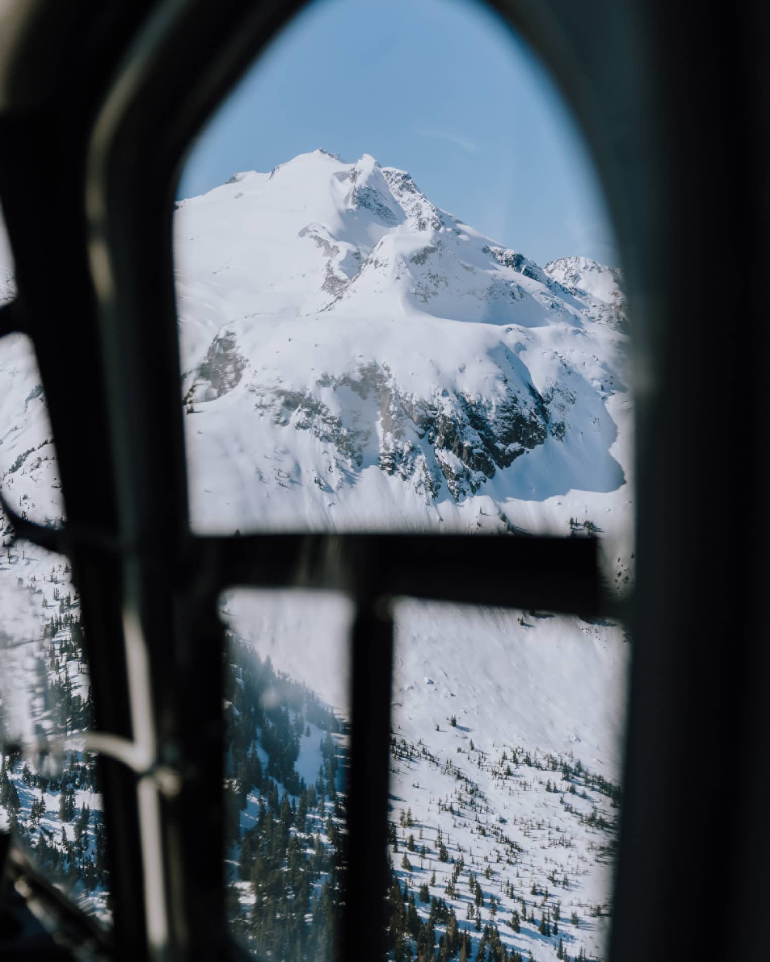An aerial view through an airplane window of a mountain covered in snow with sporadic clumps of trees around the base.
