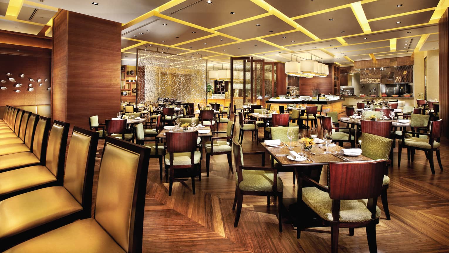 Belcanção dining room tables, wood chairs with green cushions, buffet