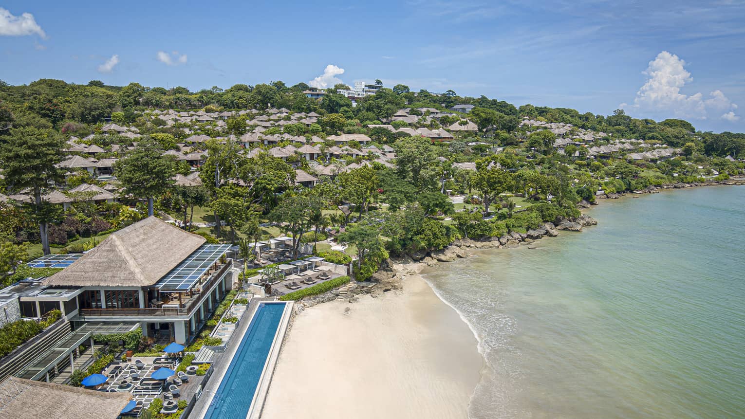 Aerial shot of the Resort, visible shoreline and foliage