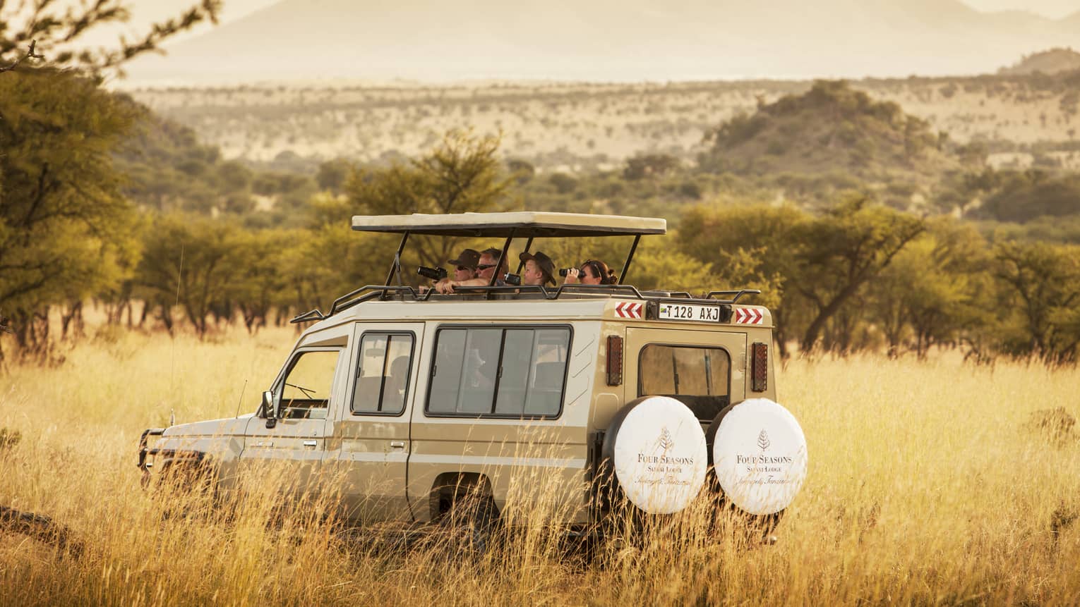 Guests peek out from white safari jeep roof in tall grass of Serengeti park