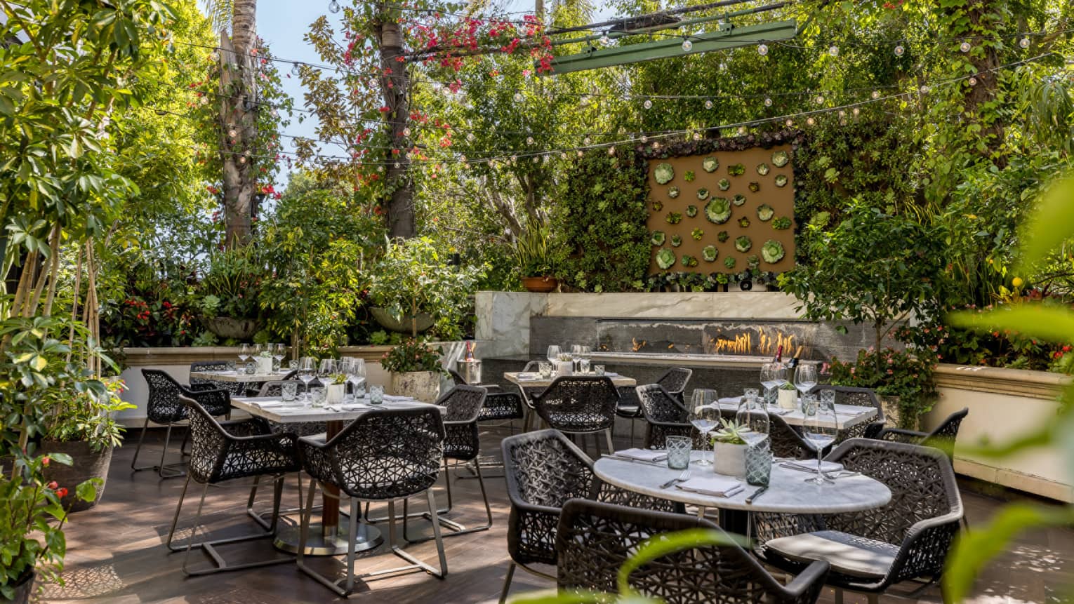 A courtyard area with round table and metal chairs surrounded by plants.