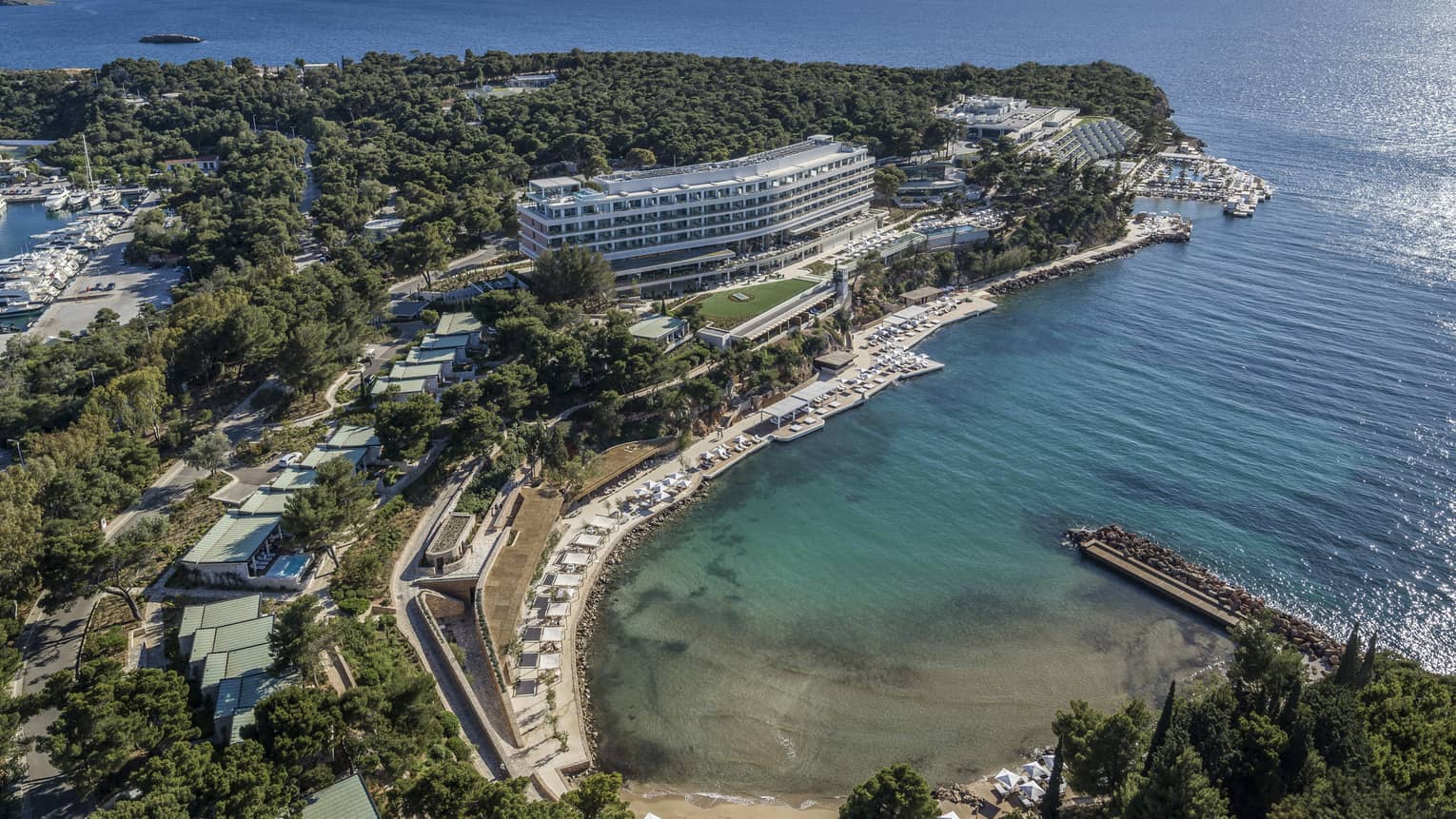 An aerial shot of the Four Seasons Athens property, overlooking the sea